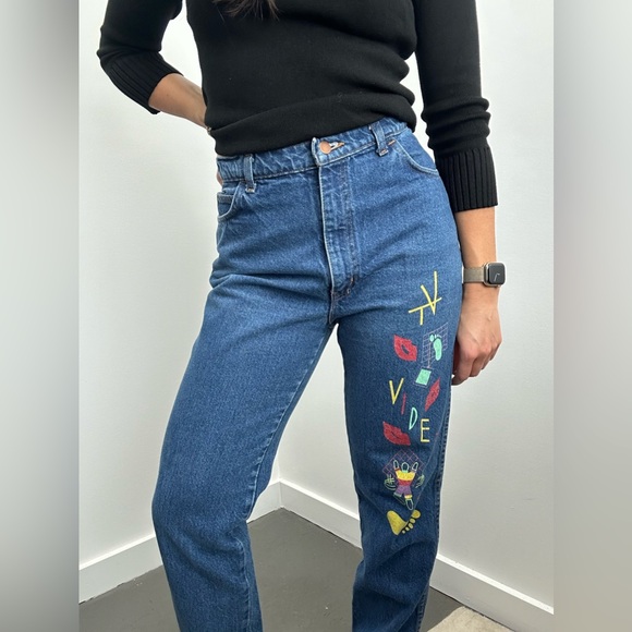 Vintage Denim - Vintage 80’s “Video” Printed High Rise Mid Wash Straight Leg Jeans Size 28